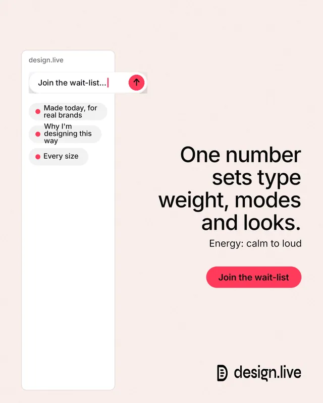 Instagram portrait post for design.live: "One number sets type weight, modes and looks." Data card style, right layout, light palette in white, red.