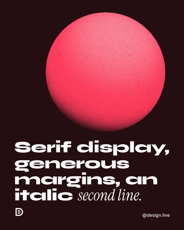 Instagram portrait post for design.live: "Serif display, generous margins, an italic second line." Auto 4x5 style, technique:shader field layout, dark palette in black, red.