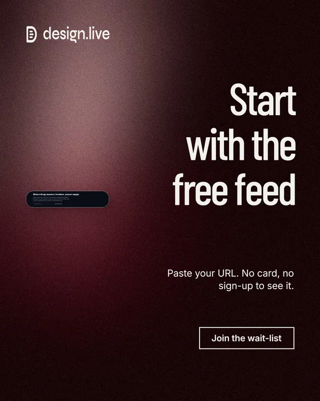 Instagram portrait post for design.live: "Start with the free feed". Dark deco style, right layout, dark palette in black, red, grey.