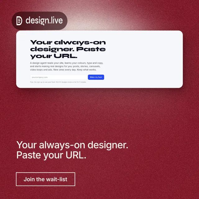 Instagram post for design.live: "Your always-on designer. Paste your URL." Cyanotype style, bottom layout, dark palette in red, white, grey.