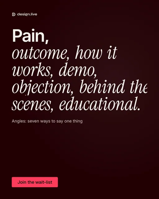 Video for design.live: "Pain, outcome, how it works, demo, objection, behind the scenes, educational.". Doc motion loop, 7.0 s, dark palette.