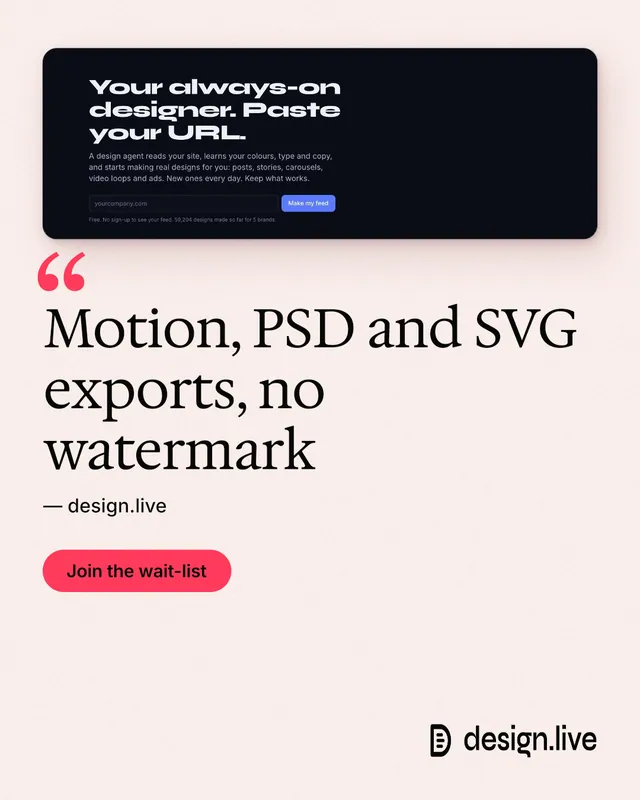 Instagram portrait post for design.live: "Motion, PSD and SVG exports, no watermark". Data card style, quote layout, light palette in white, black.