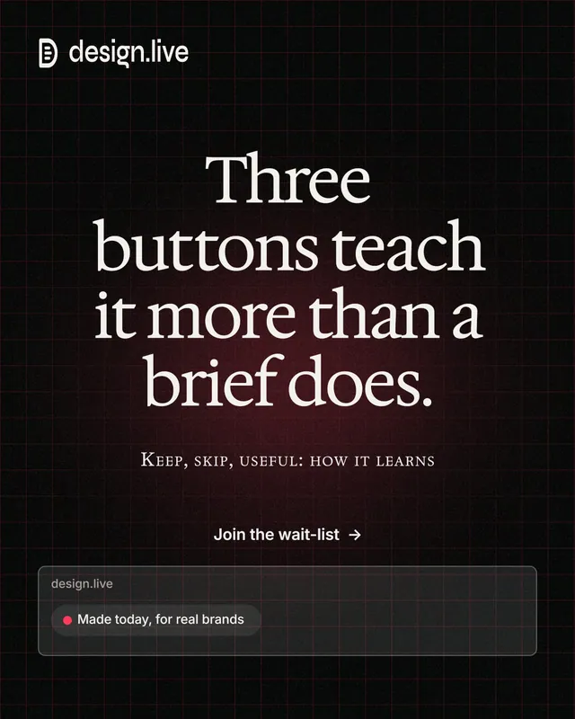 Instagram portrait post for design.live: "Three buttons teach it more than a brief does." Phosphor atlas style, smallcaps layout, dark palette in black, grey.