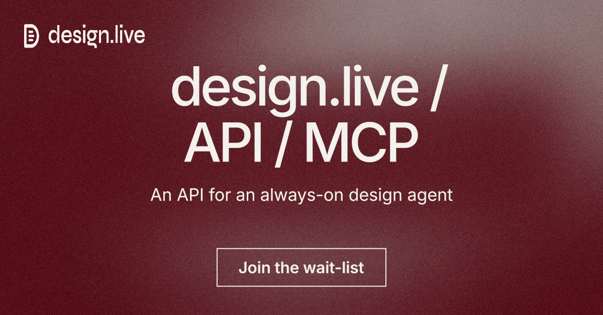 Social ad for design.live: "design.live / API / MCP". Cyanotype style, centred layout, dark palette in grey, red.