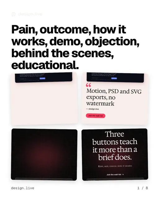 Carousel for design.live: "Pain, outcome, how it works, demo, objection, behind the scenes, educational.". Collection carousel, 8 slides, light palette.