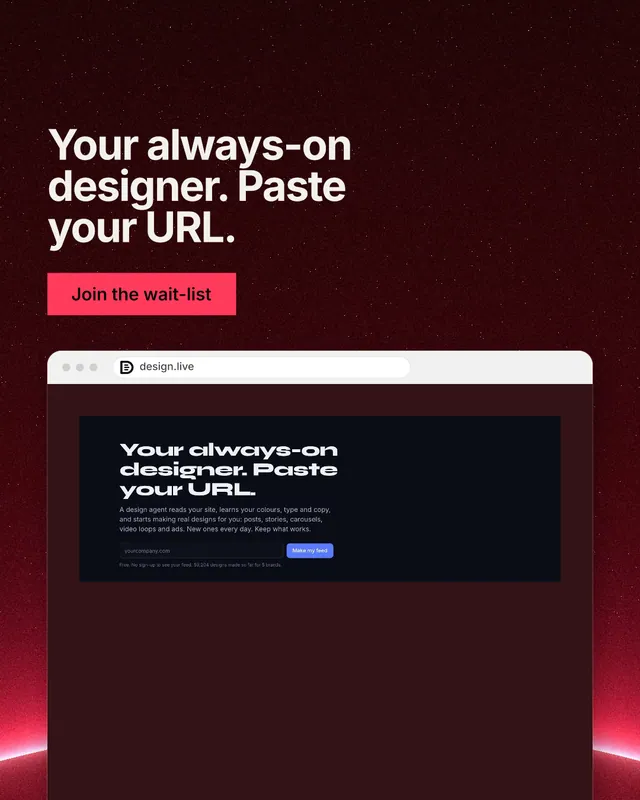 Instagram portrait post for design.live: "Your always-on designer. Paste your URL." Swiss style, browser layout, dark palette in red, black, grey.