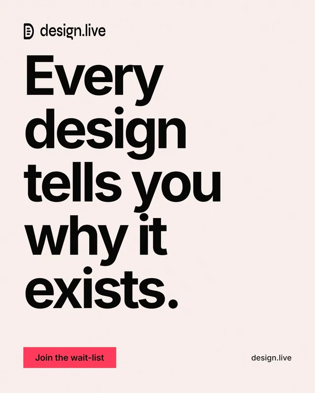 Instagram portrait post for design.live: "Every design tells you why it exists." Swiss style, poster layout, light palette in white, grey.