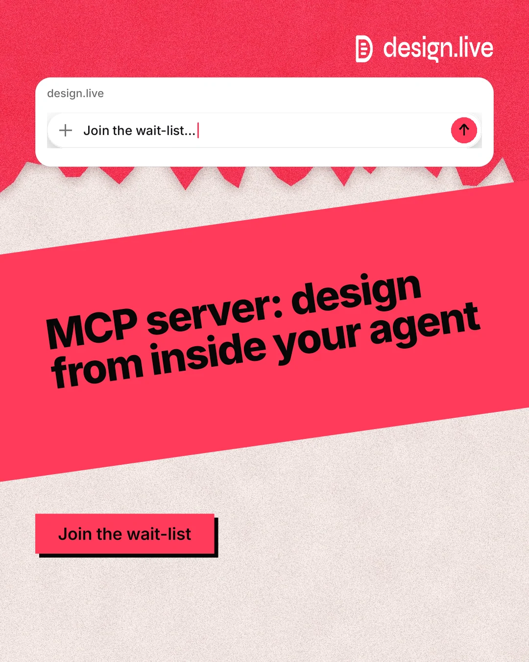 Instagram portrait post for design.live: "MCP server: design from inside your agent". Paper trio style, diagonal layout, light palette in red, orange, white.