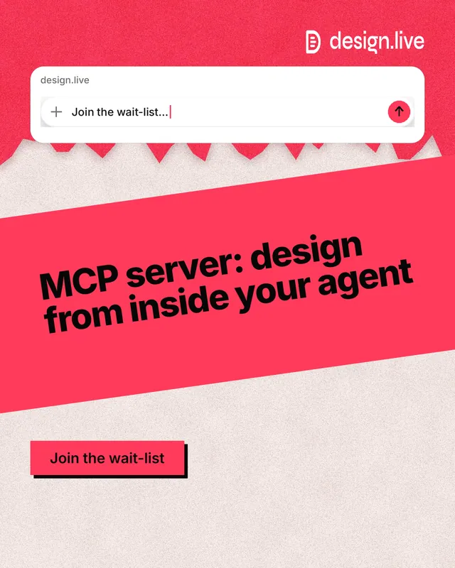 Instagram portrait post for design.live: "MCP server: design from inside your agent". Paper trio style, diagonal layout, light palette in red, orange, white.