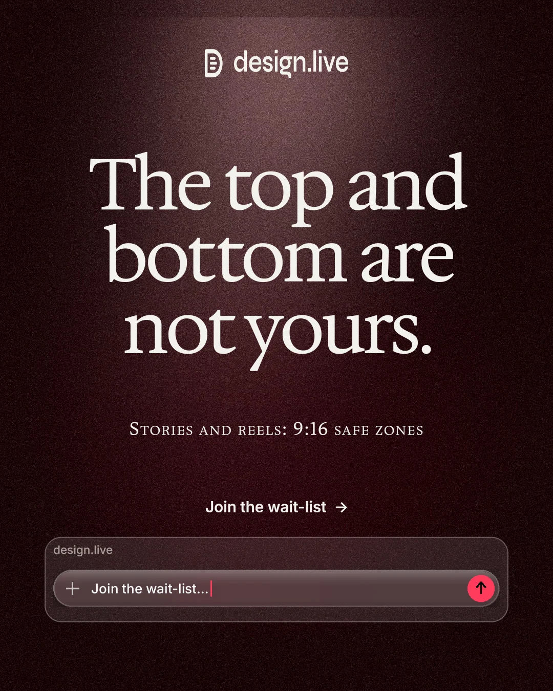 Instagram portrait post for design.live: "The top and bottom are not yours." Dark deco style, smallcaps layout, dark palette in red, black, grey.