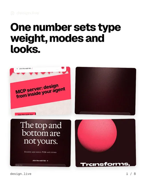 Carousel for design.live: "One number sets type weight, modes and looks.". Collection carousel, 8 slides, light palette.