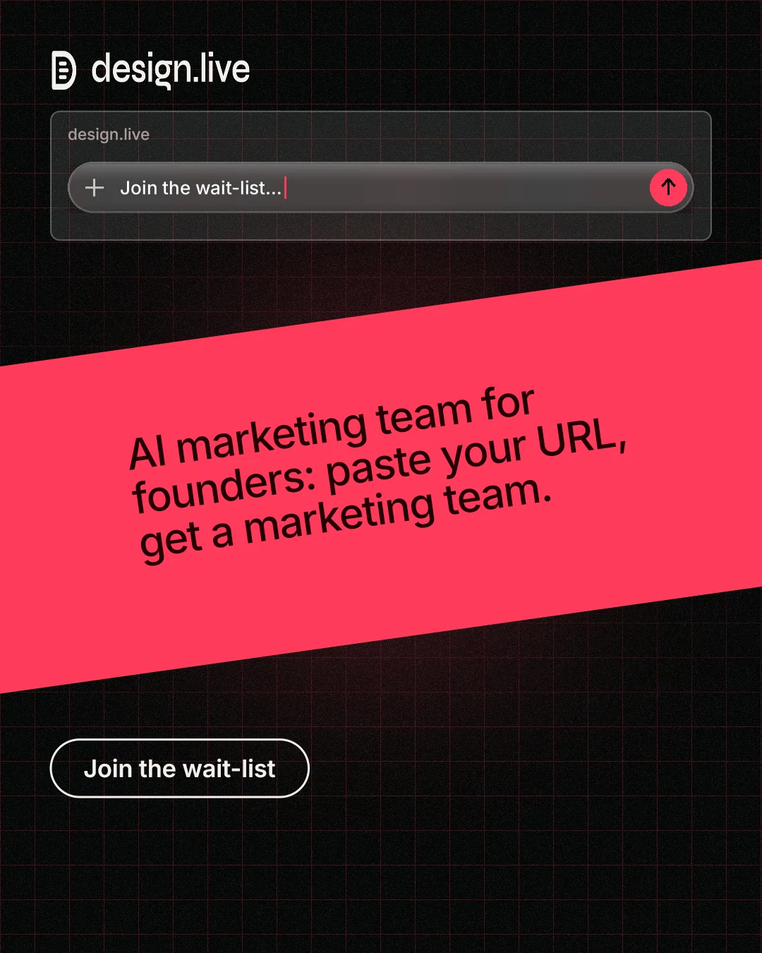 Instagram portrait post for design.live: "AI marketing team for founders: paste your URL, get a marketing team." Phosphor atlas style, diagonal layout, dark palette in black, red.
