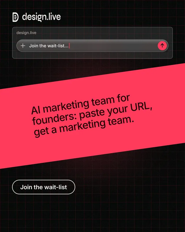 Instagram portrait post for design.live: "AI marketing team for founders: paste your URL, get a marketing team." Phosphor atlas style, diagonal layout, dark palette in black, red.