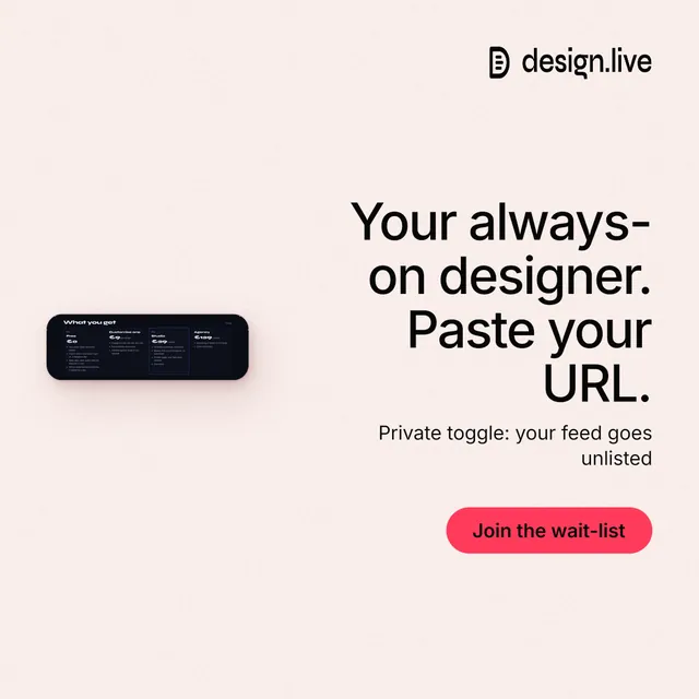 Instagram post for design.live: "Your always-on designer. Paste your URL." Data card style, right layout, light palette in white, red.