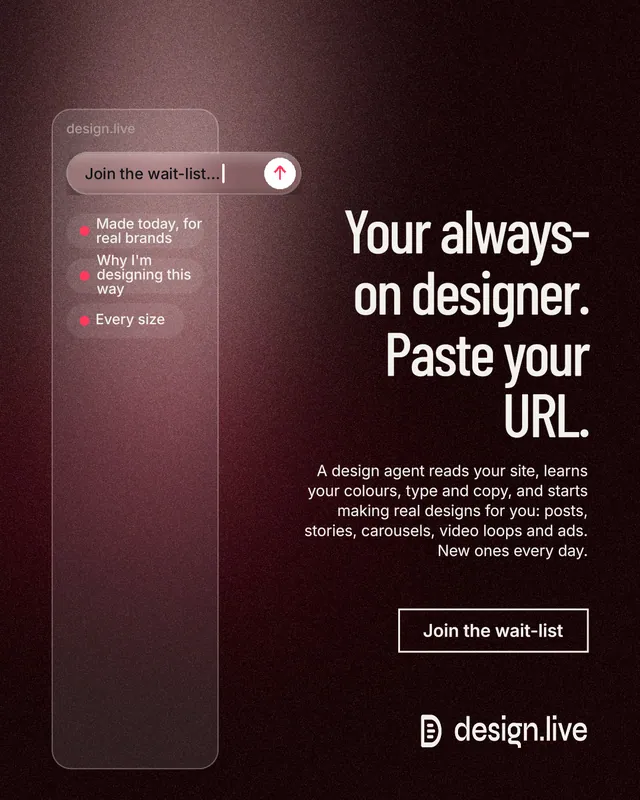 Instagram portrait post for design.live: "Your always-on designer. Paste your URL." Dark deco style, right layout, dark palette in black, red, grey.