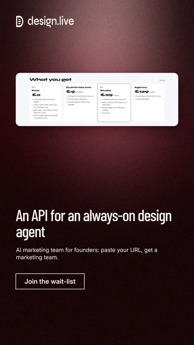 Instagram story for design.live: "An API for an always-on design agent". Dark deco style, bottom layout, dark palette in red, black, grey.