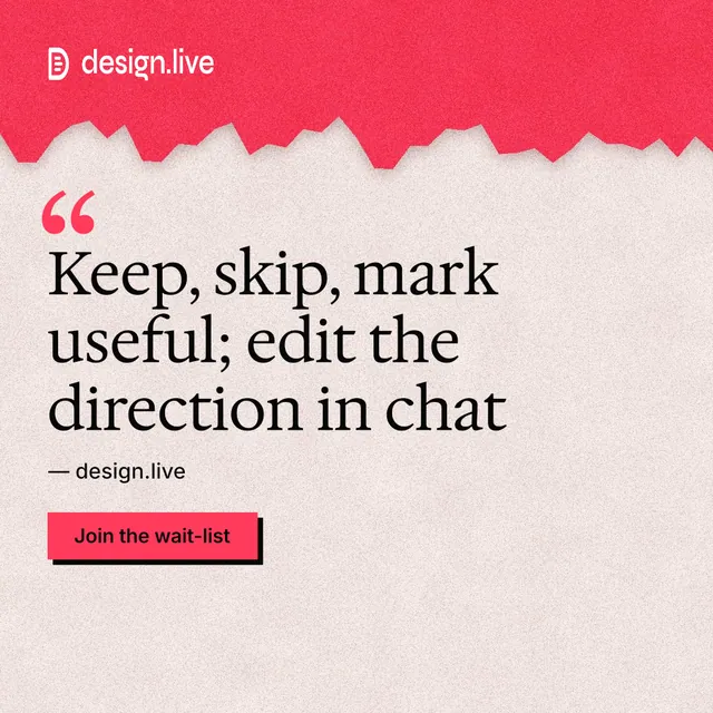 Instagram post for design.live: "Keep, skip, mark useful; edit the direction in chat". Paper trio style, quote layout, light palette in orange, red, grey.