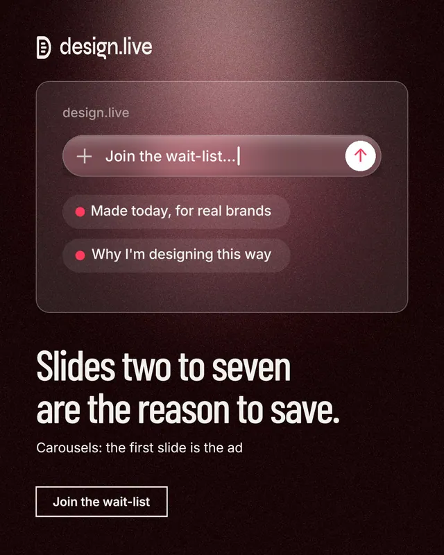 Instagram portrait post for design.live: "Slides two to seven are the reason to save." Dark deco style, bottom layout, dark palette in black, red, grey.