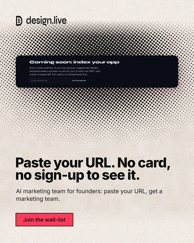 Instagram portrait post for design.live: "Paste your URL. No card, no sign-up to see it." Ink sticker style, bottom layout, light palette in orange, grey.