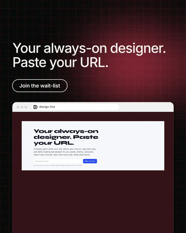 Instagram portrait post for design.live: "Your always-on designer. Paste your URL." Phosphor atlas style, browser layout, dark palette in red, black, white.