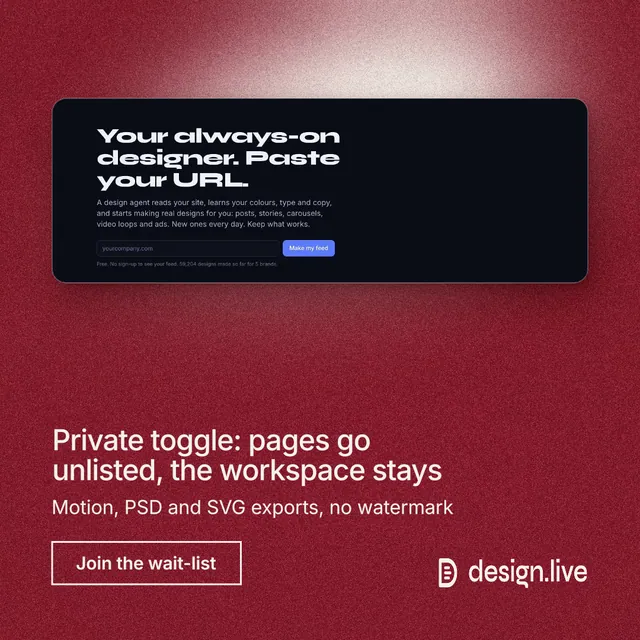 Instagram post for design.live: "Private toggle: pages go unlisted, the workspace stays". Cyanotype style, bottom layout, dark palette in red, black.