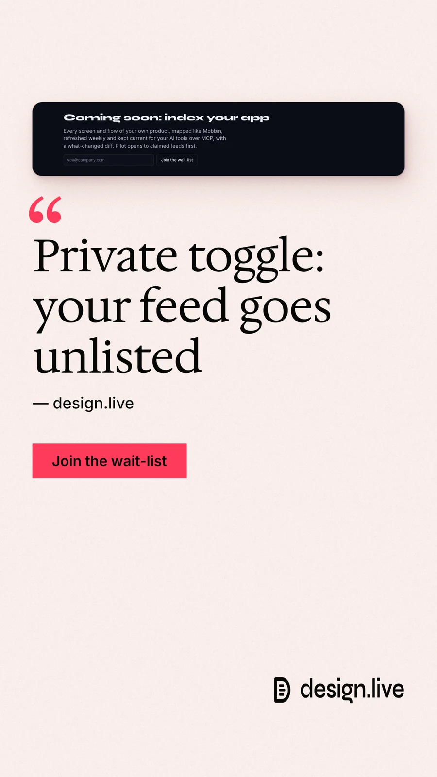Instagram story for design.live: "Private toggle: your feed goes unlisted". Swiss style, quote layout, light palette in white, grey.