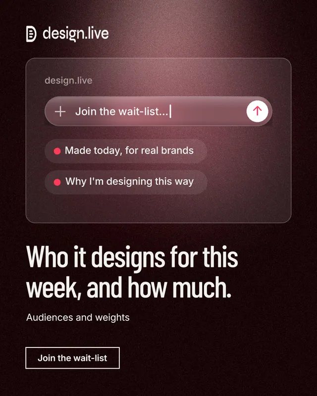 Instagram portrait post for design.live: "Who it designs for this week, and how much." Dark deco style, bottom layout, dark palette in red, black, grey.