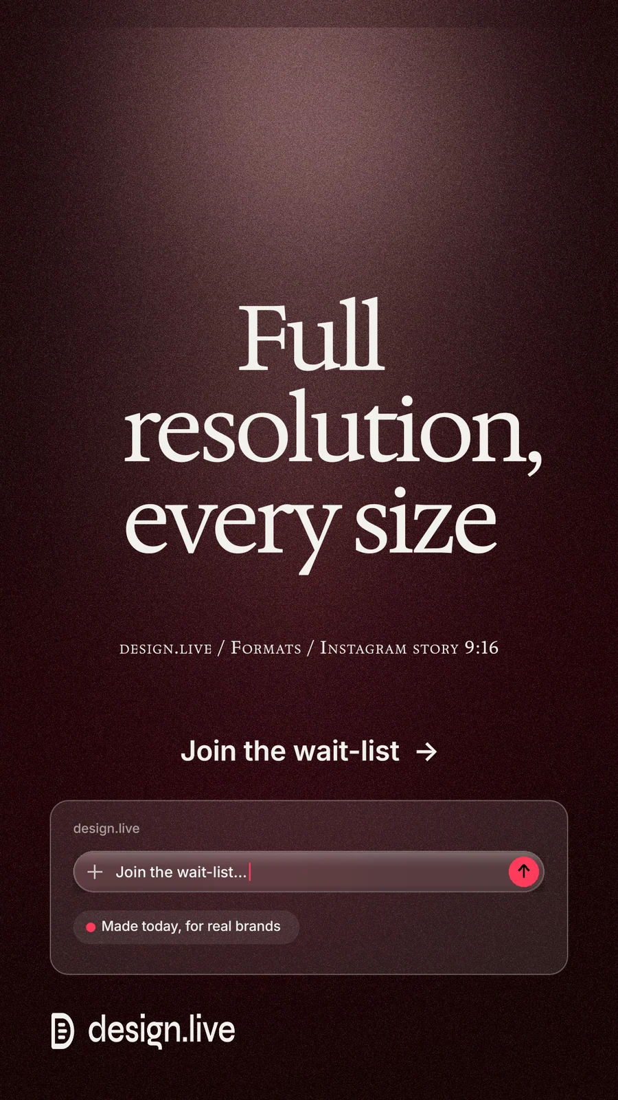 Instagram story for design.live: "Full resolution, every size". Dark deco style, smallcaps layout, dark palette in black, red, grey.