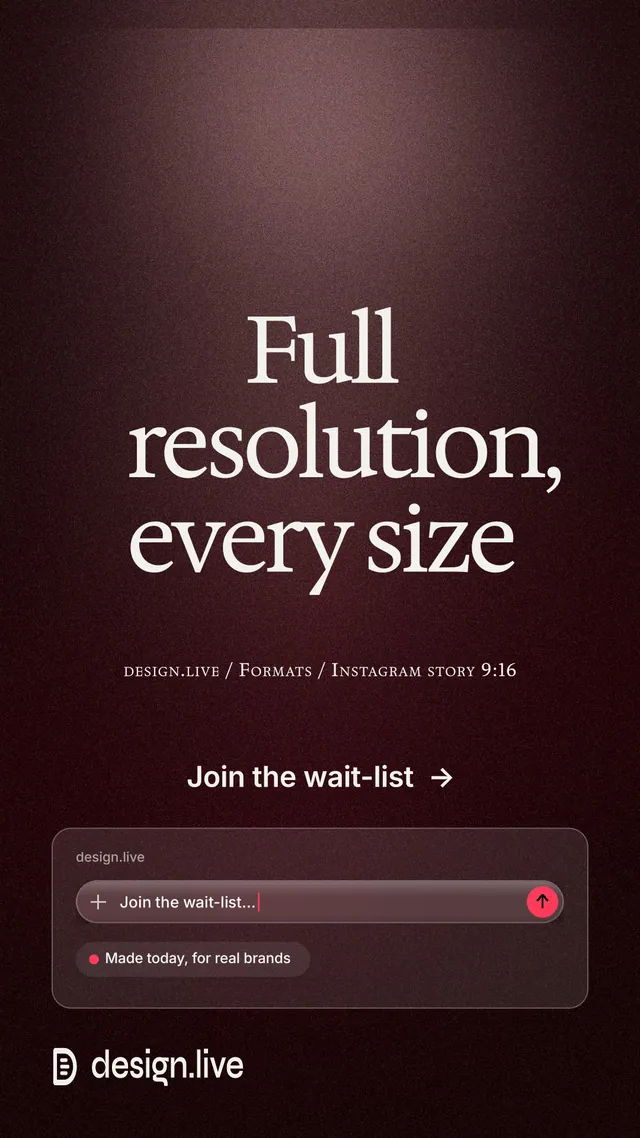 Instagram story for design.live: "Full resolution, every size". Dark deco style, smallcaps layout, dark palette in black, red, grey.