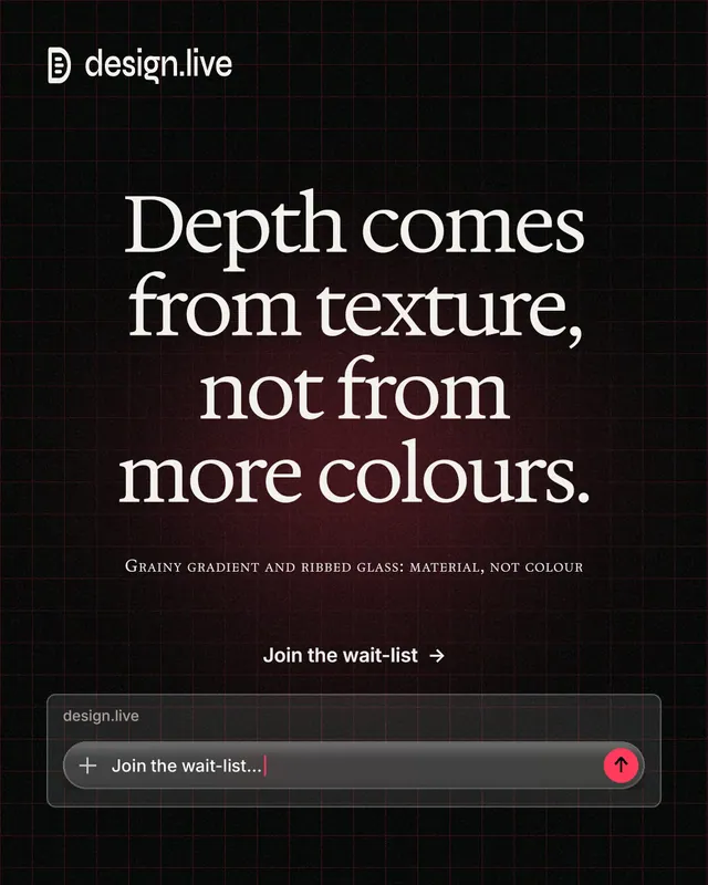 Instagram portrait post for design.live: "Depth comes from texture, not from more colours." Phosphor atlas style, smallcaps layout, dark palette in black, grey.