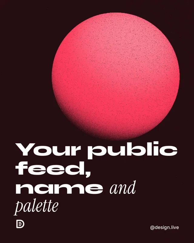 Instagram portrait post for design.live: "Your public feed, name and palette". Auto 4x5 style, technique:shader field layout, dark palette in black, red.