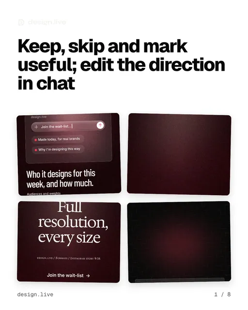 Carousel for design.live: "Keep, skip and mark useful; edit the direction in chat". Collection carousel, 8 slides, light palette.