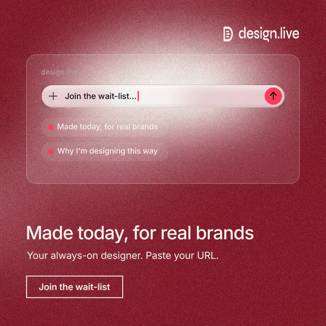 Instagram post for design.live: "Made today, for real brands". Cyanotype style, bottom layout, dark palette in red.