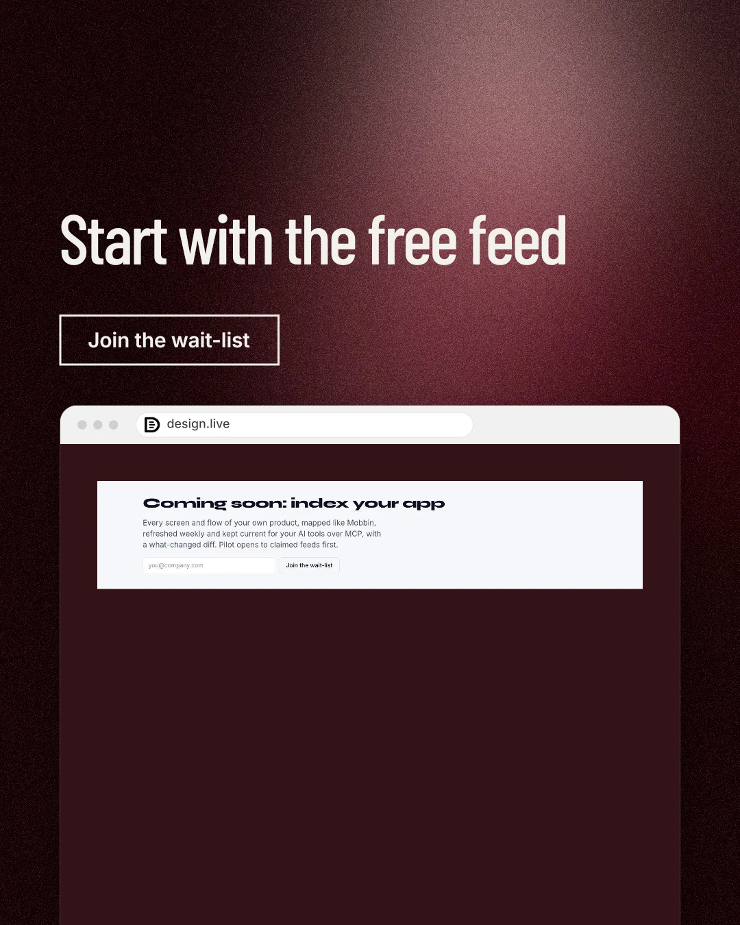 Instagram portrait post for design.live: "Start with the free feed". Dark deco style, browser layout, dark palette in red, black, grey.