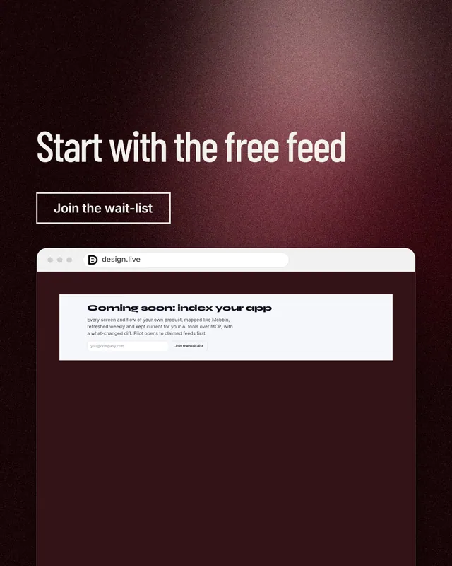 Instagram portrait post for design.live: "Start with the free feed". Dark deco style, browser layout, dark palette in red, black, grey.