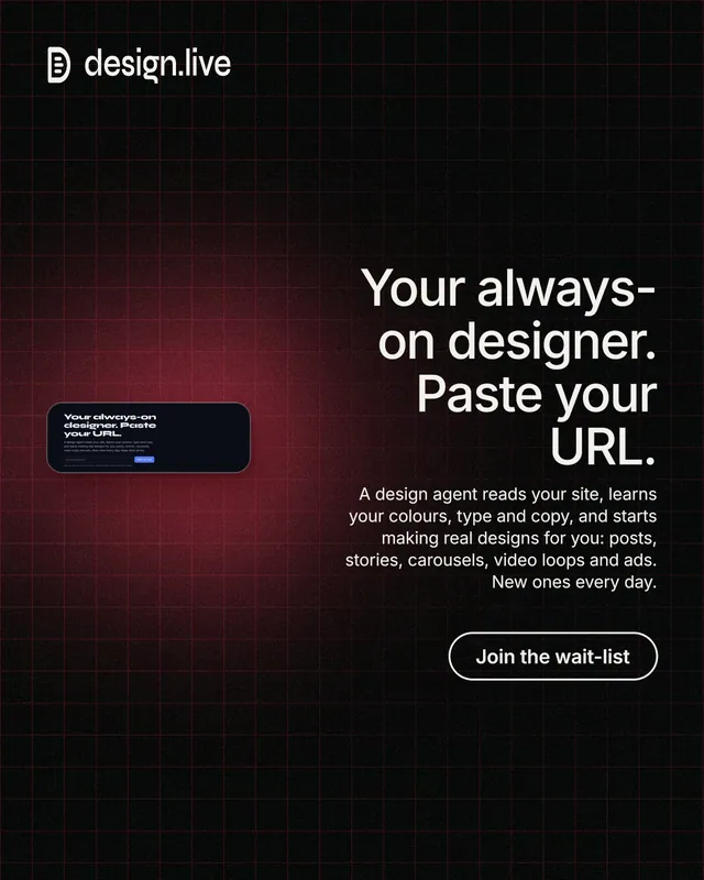 Instagram portrait post for design.live: "Your always-on designer. Paste your URL." Phosphor atlas style, right layout, dark palette in black, red.