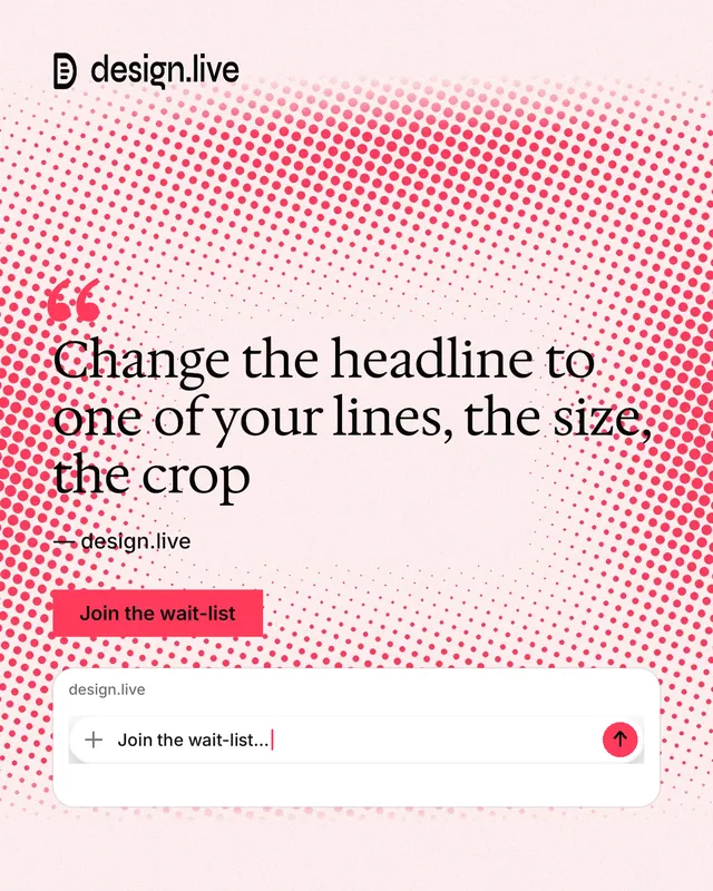 Instagram portrait post for design.live: "Change the headline to one of your lines, the size, the crop". Swiss style, quote layout, light palette in white, red.