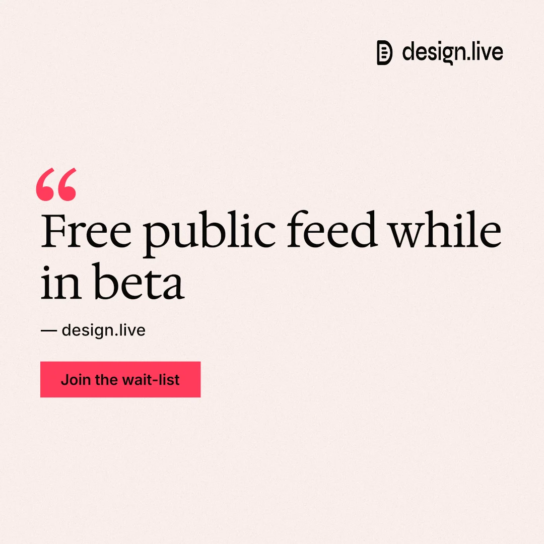 Instagram post for design.live: "Free public feed while in beta". Swiss style, quote layout, light palette in white, red.