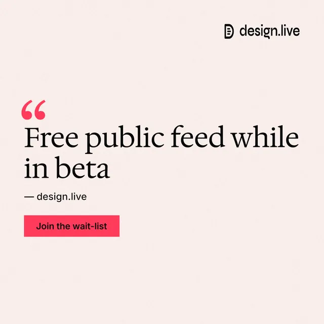 Instagram post for design.live: "Free public feed while in beta". Swiss style, quote layout, light palette in white, red.