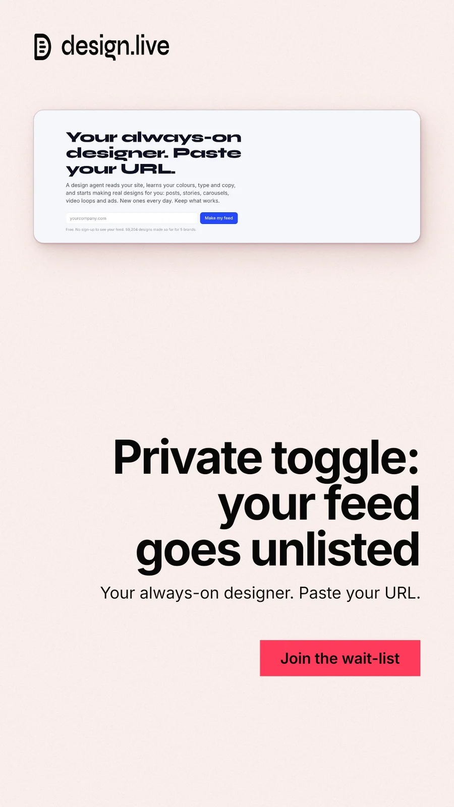 Instagram story for design.live: "Private toggle: your feed goes unlisted". Swiss style, right layout, light palette in white.