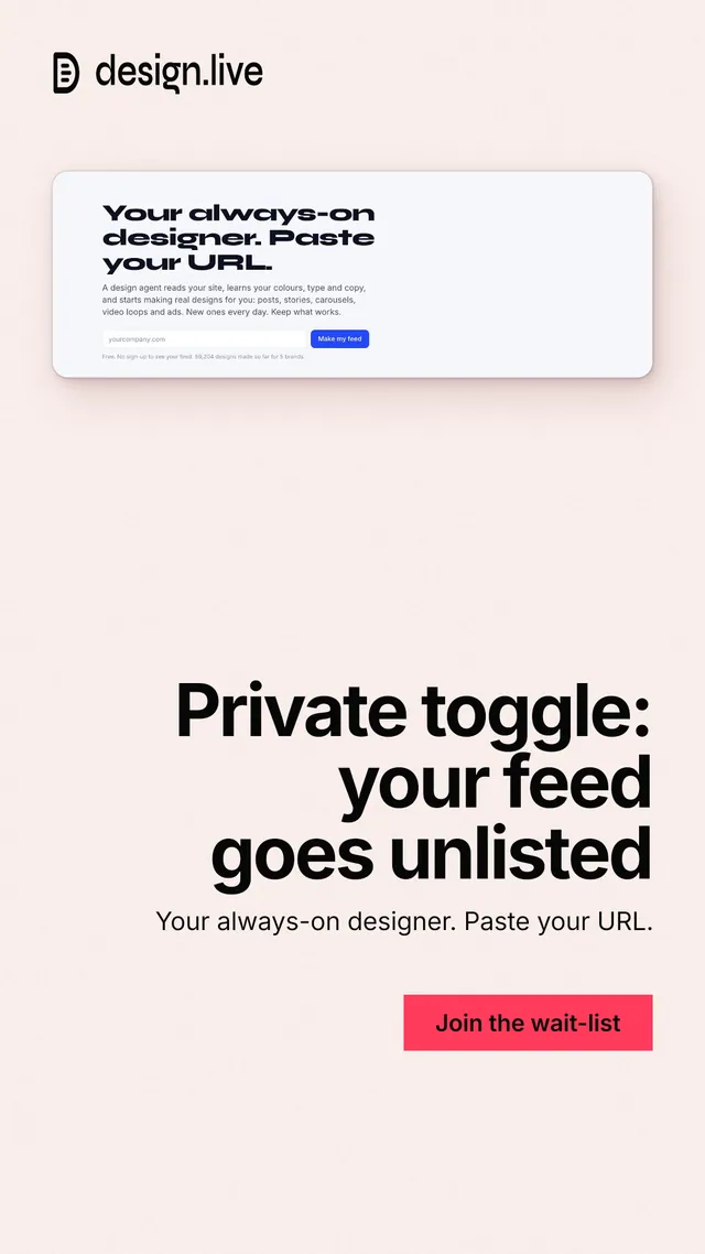 Instagram story for design.live: "Private toggle: your feed goes unlisted". Swiss style, right layout, light palette in white.