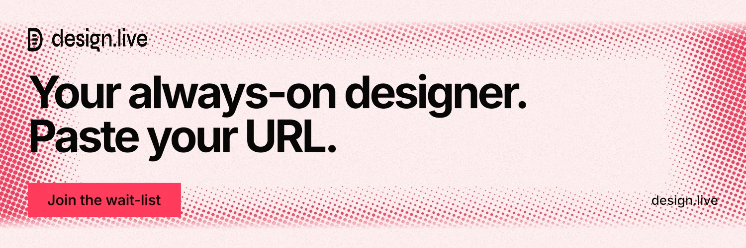 X header for design.live: "Your always-on designer. Paste your URL." Swiss style, poster layout, light palette in white, red.