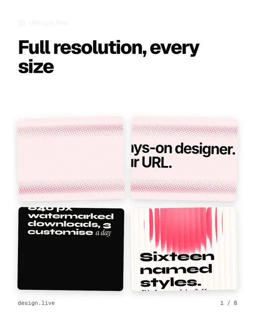 Carousel for design.live: "Full resolution, every size". Collection carousel, 8 slides, light palette.