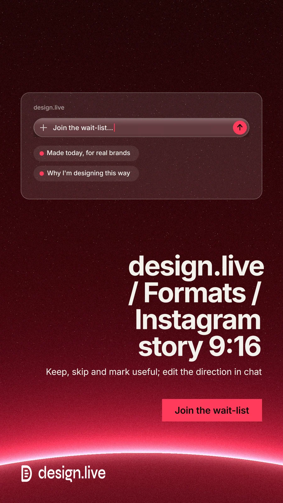 Instagram story for design.live: "design.live / Formats / Instagram story 9:16". Swiss style, right layout, dark palette in black, red.