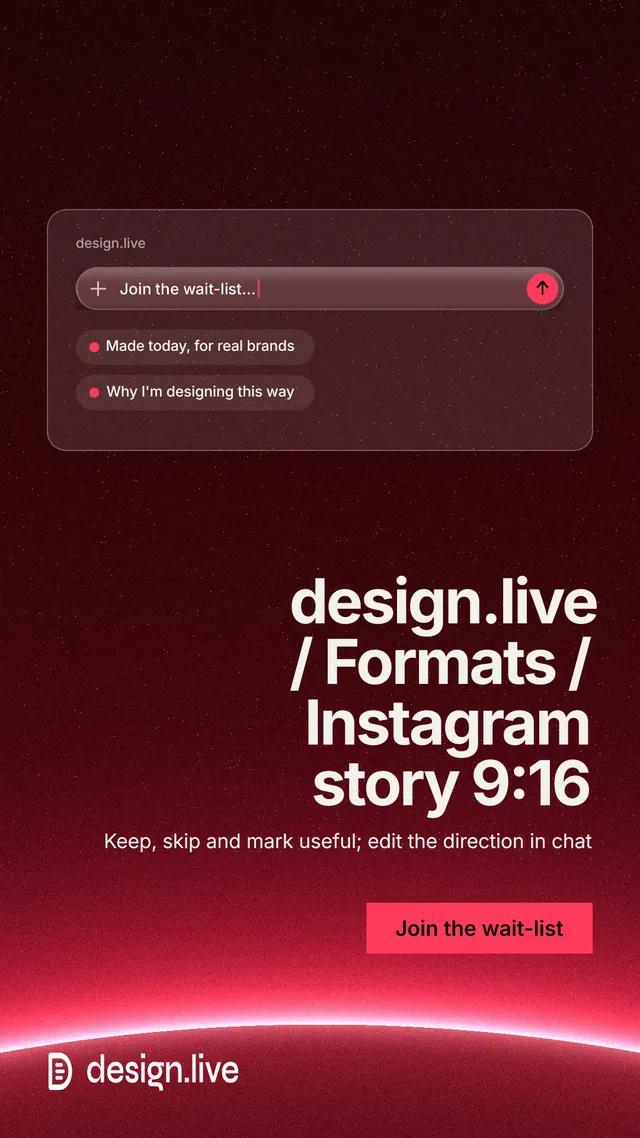 Instagram story for design.live: "design.live / Formats / Instagram story 9:16". Swiss style, right layout, dark palette in black, red.