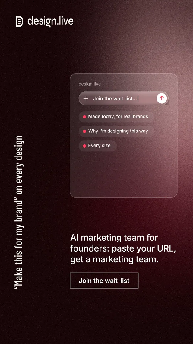 Instagram story for design.live: "“Make this for my brand” on every design". Dark deco style, vertical layout, dark palette in black, grey, red.