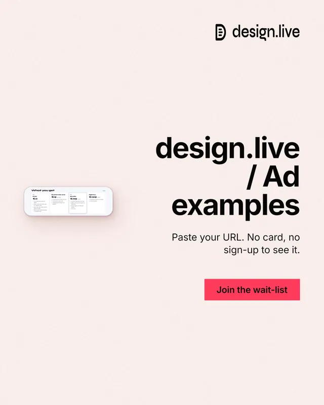 Instagram portrait post for design.live: "design.live / Ad examples". Swiss style, right layout, light palette in white, red.