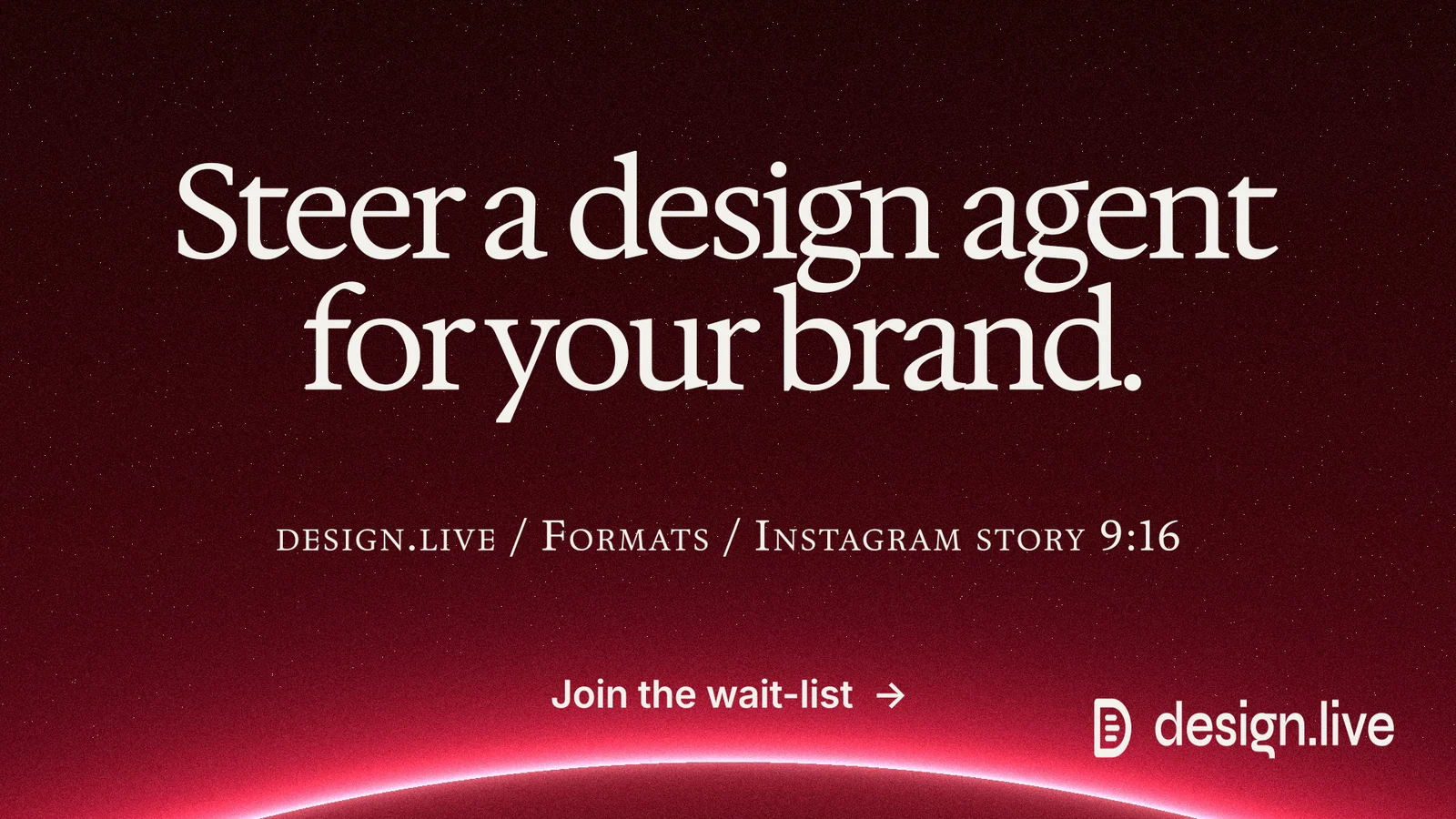 Landscape graphic for design.live: "Steer a design agent for your brand." Swiss style, smallcaps layout, dark palette in black, red.