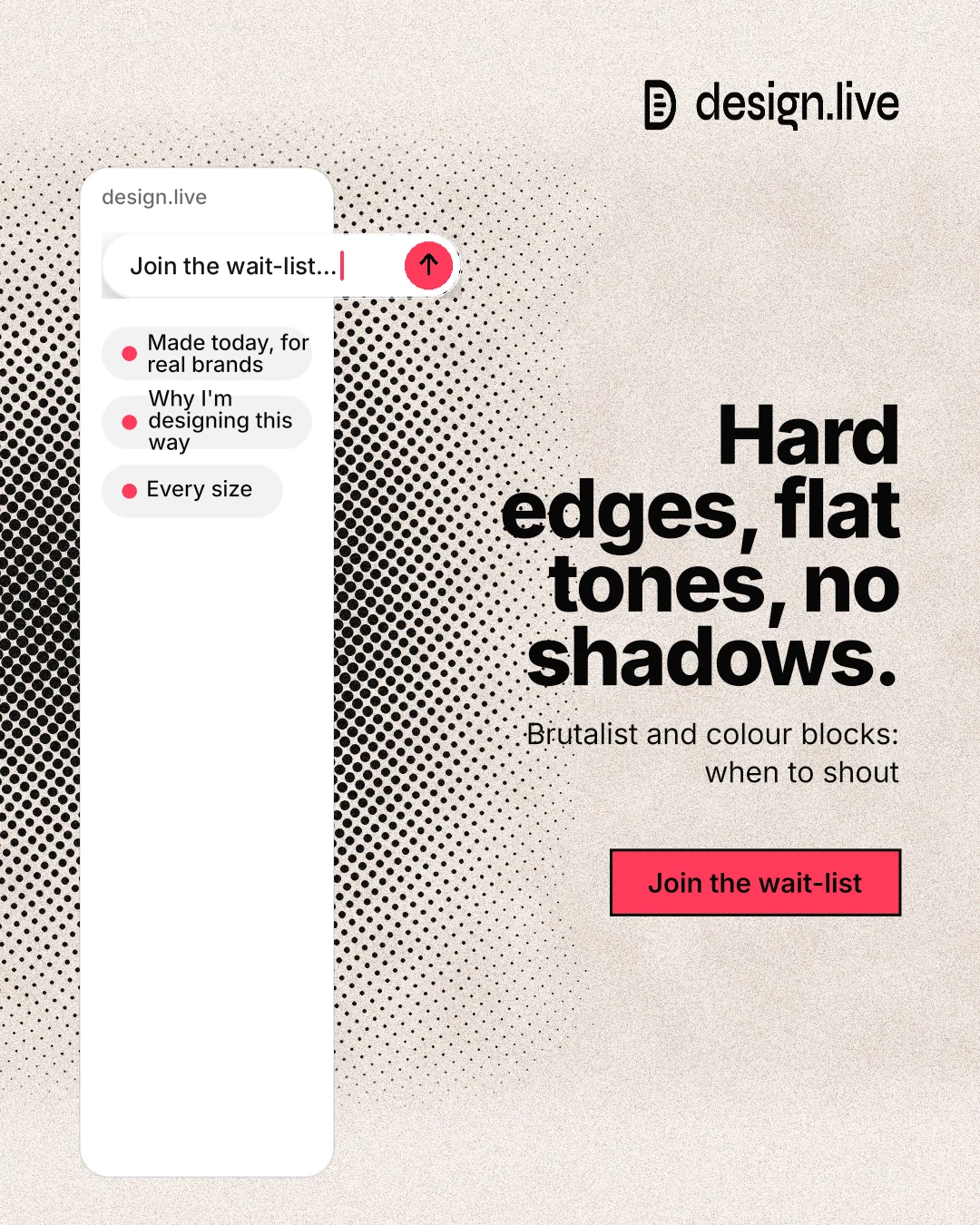 Instagram portrait post for design.live: "Hard edges, flat tones, no shadows." Ink sticker style, right layout, light palette in orange, white, grey.