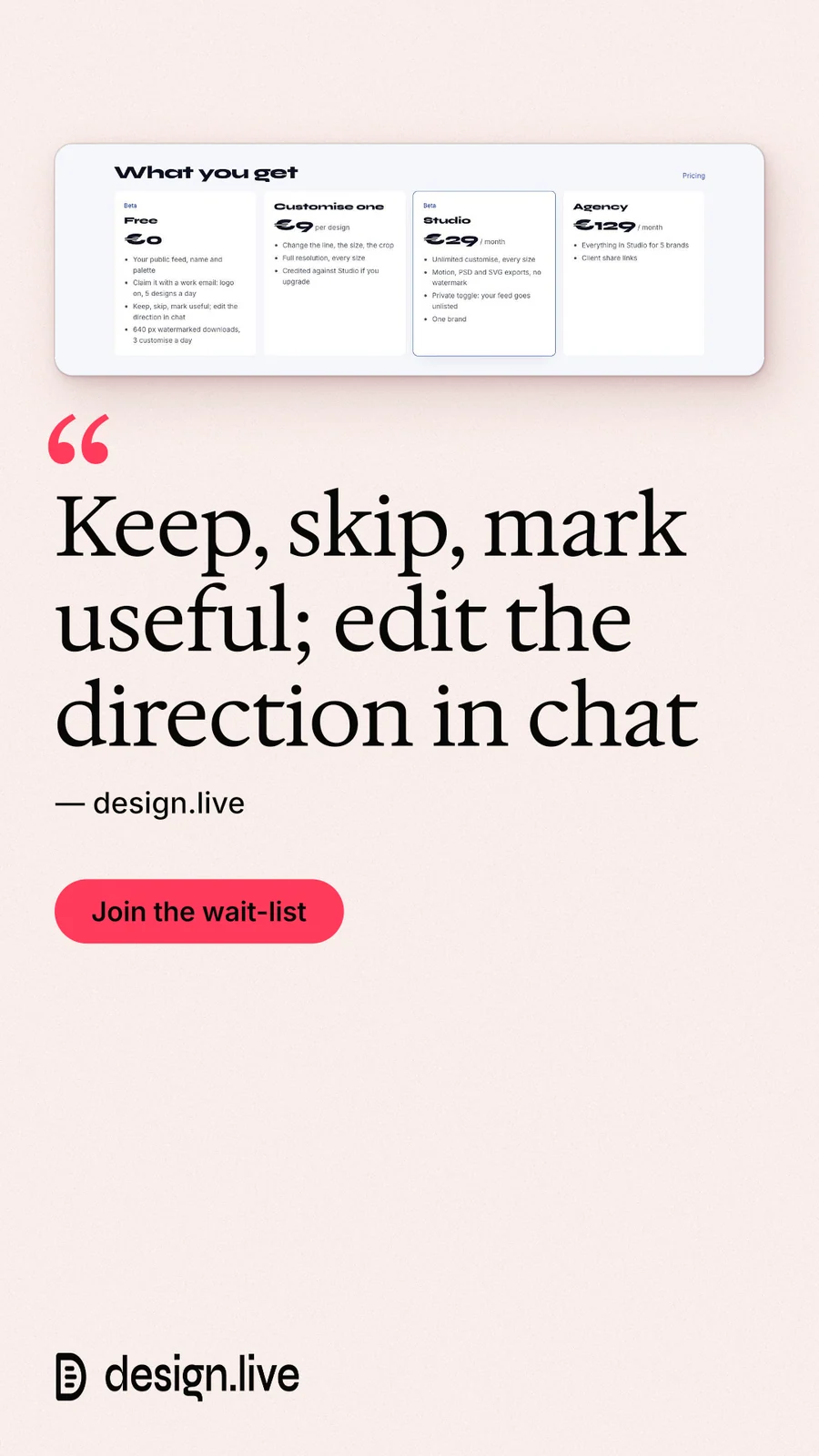 Instagram story for design.live: "Keep, skip, mark useful; edit the direction in chat". Data card style, quote layout, light palette in white, red.